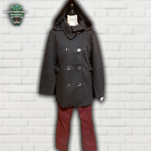 Intl D.E.T.A.I.L.S Classic Black Double Breasted Stretchy Hooded Peacoat Walker - Picture 5 of 8